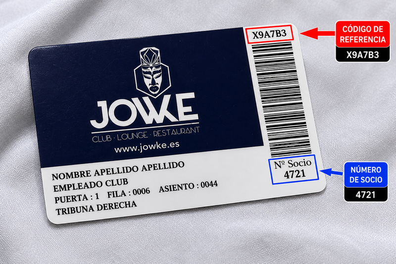 Ejemplo de carnet con número de socio y código de referencia